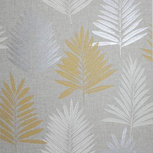 Image of Arthouse | Linen Palm Ochre/Grey Wallpaper | Contemporary Leaf Design in Ochre, Silver, and White | Textured Linen Effect Background | Stylish Feature Wall Wallpaper | 1005 x 53cm