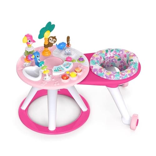 Image of Bright Starts, Around We Go 2-in-1 Walk-Around Activity Center and Table - Tropic Coral, Walker with Music, Lights and Interactive Toys, Removable Seat, Ages 6 Months +, Pink