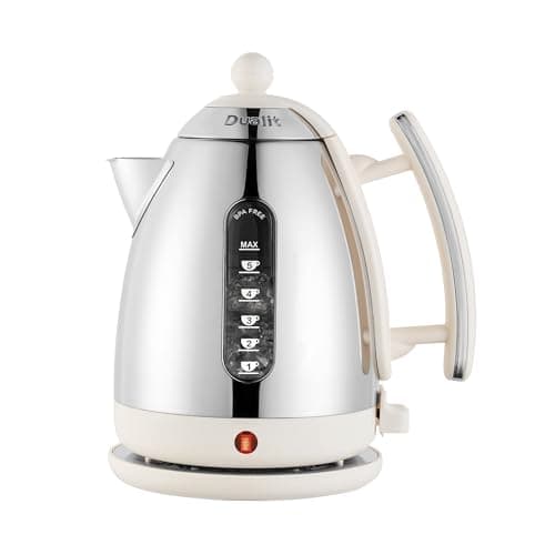 Image of Dualit Lite 1.5L Jug Kettle - Polished Stainless Steel with Black Trim, Fast Boiling, Non-Drip, Dual Measuring Windows, 3kW, 230V, Canvas White