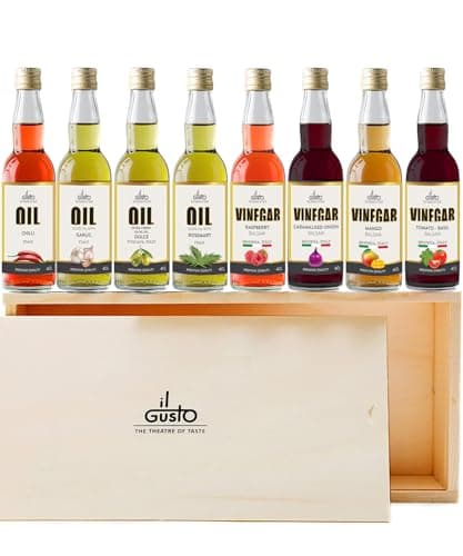 Image of IL GUSTO Miniature Oils and Vinegars Gift Set | Chilli Garlic Rosemary Olive Oil | Mango Raspberry Balsamic Vinegar | Gourmet Tasting Collection | Premium Foodie Gift Box
