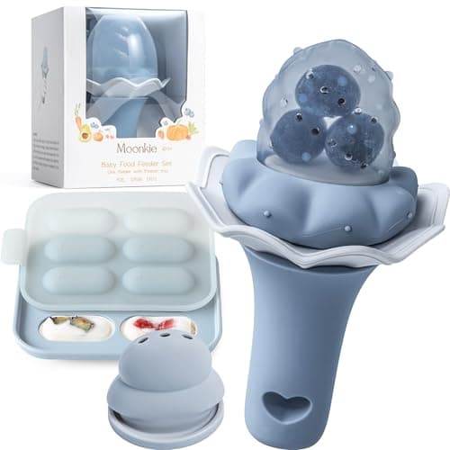Image of Moonkie Baby Fruit Feeder with Freezer Tray | BPA Free Silicone Baby Food Feeder with Two Sizes Pouches | Baby Shower Gifts | 4 Months+ Led Weaning, 1 Pack(Navy Blue)