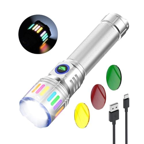 Image of Smiling Shark Flashlight Torch, M1 Torches LED Super Bright Rechargeable with 4 Modes & Zoomable【3 Color Lenses】 Powerful Mini Torch Battery for Camping/Hiking/Home/Emergency, Silver