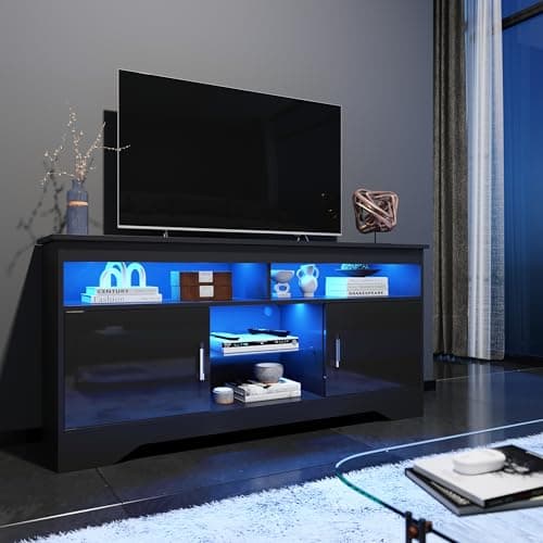 Image of ELEGANT 1350mm Modern High Gloss TV Stand Cabinet with Ambient Light for 22"-55" Flat Screen 4k TVs/LED Light TV Cabinet with Shelves and Cabinets for Living Room Bedroom, Black