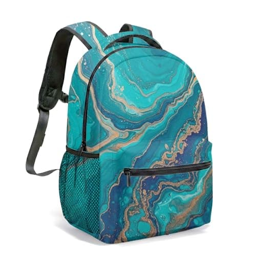 Image of Teal Turquoise Fluid Swirl 16 Inch Backpack Abstract Gold Marble All-Over Print Mineral Liquid Art Commuter Travel Bag (01)