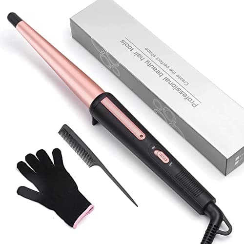 Image of Hair Curling Wand, 13-25MM Tapered Curling Iron, Professional Ceramic Hair Curler Wand with Heat-Resistant Glove, Dual Voltage (Rose Gold)