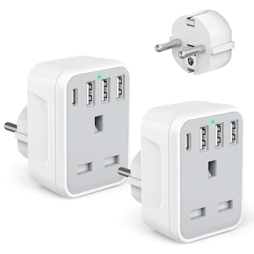 Image of 2 Pcak European to UK Plug Adaptor with 4 USB Ports(1 USB C), UK to EU Euro European Plug Adapter Grounded for Germany Spain France Iceland Greece Poland Netherlands Austria Turkey, etc (Type E/F)
