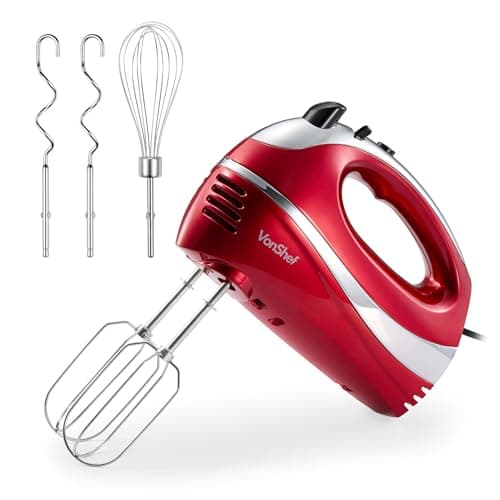 Image of VonShef Hand Mixer Electric Whisk – Food Mixer for Baking with 5 Speeds, 300W, 2 Stainless Steel Beaters, 2 Dough Hooks & Balloon Whisk, Easy Clean, Turbo Boost, Eject Button, Compact – Red