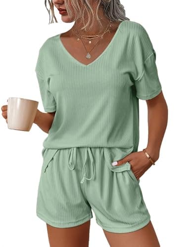 Image of Ekouaer Women's Pyjamas Sets Short Sleeve Pjs Summer Ribbed Women Nightwear V-Neck Top and Shorts with Pockets Light Green L
