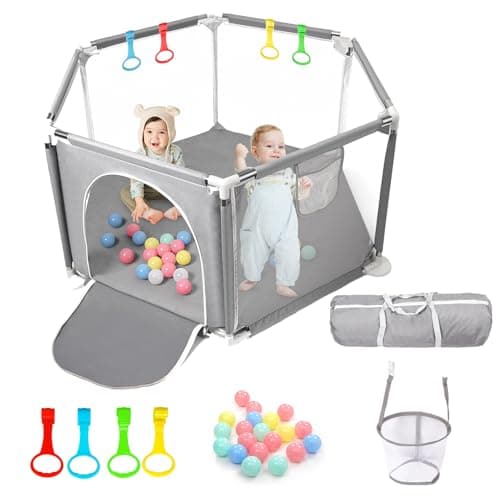 Image of CHOLY Baby Playpen for Baby and Toddlers, Sturdy Six Sides Play Pen with Breathable Mesh, Kids Activity Play Fence for Indoor Outdoor with Travel Bag(Light Grey)