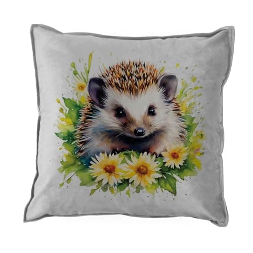 Image of Floral Hedgehog Cushion Cover - Soft Velvet Grey Piped Scatter Cushion Cover Wildlife Gifts - Living Room/Home Décor - Cushion Pad Not Included