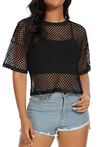 Image of florynova Womens Fishnet Mesh Tops Summer See Through T Shirt Short Sleeve Sheer Blouse(Black,S)