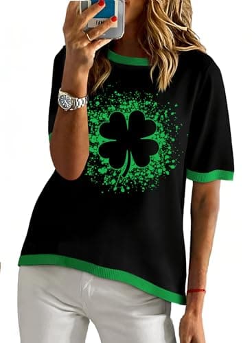 Image of VVNTY St Patricks Day T Shirts Women Lucky Shamrock Shirt Ladies Funny Irish Short Sleeve Top (Black2,M)
