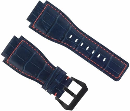 Image of 24mm Leather Watch Band Strap For Bell & Ross Br01-br03, Durable Replacement With Black Buckle, Stylish Upgrade For Luxury Timepieces Blue with red stitching
