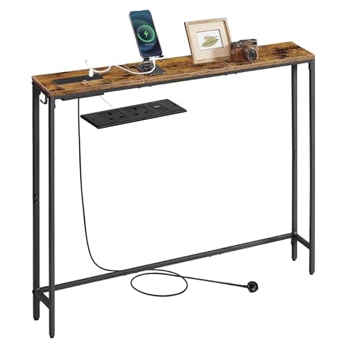 Image of VASAGLE Console Table with Charging Station, Slim Behind Sofa Table, 15 x 100 x 80 cm, 1 Hook, Easy Assembly, for Hallway, Living Room, Rustic Brown and Ink Black LNT079K03