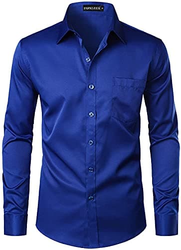 Image of PARKLEES Men's Urban Stylish Casual Business Slim Fit Long Sleeve Button Up Dress Shirt with Pocket Royal Blue XL