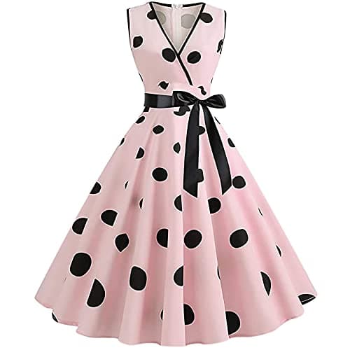 Image of Women Dresses Clearance,Womens 1950s Vintage Polka Dots Dress Spaghetti Strap Midi Dress Retro Swing Princess Tea Party A-line Dress Audrey Hepburn 50's 60's Evening Party Dance Gown with Belt Pink