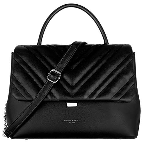 Image of David Jones - Women's Crossbody Bag Quilted Flap - Elegant Satchel PU Leather - Chain Shoulder Messenger Bags - Top-Handle Handbag Medium Size - Ladies Fashion Clutch Chevron V Trendy - Black