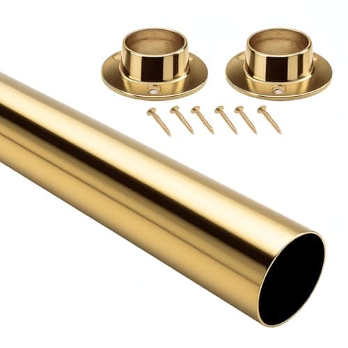 Image of Round Wardrobe Rail 19mm 25mm Brass or Chrome Clothes Hanging Rail with End Sockets Strong Cut to Size for Wardrobes, Closets, Cupboards, Bedroom Storage (Brass Plated, 19mm x 500mm)