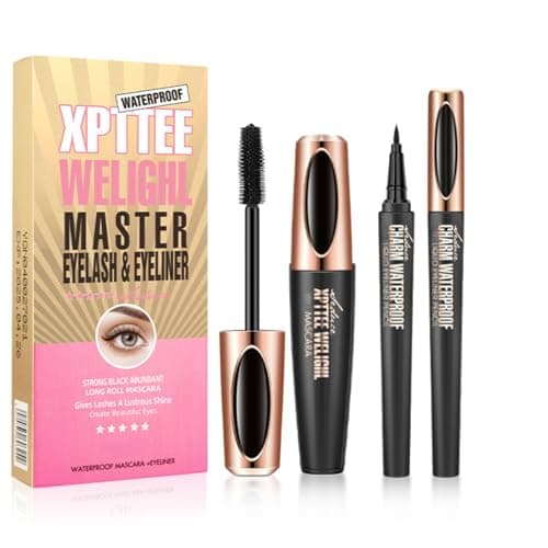 Image of 4D Black Silk Fibre Mascara and Eyeliner Set - Waterproof Mascara Black & Liquid Eyeliner - Volumising & Lengthening Lash Mascara Smudge-Proof - Long Lasting No Clumping for Women Makeup Gift