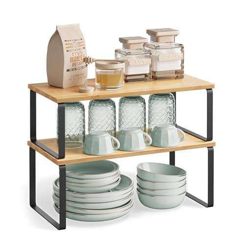Image of SONGMICS Spice Rack, Set of 2 Cupboard Shelf Organisers, Expandable Kitchen Shelf Organiser, Stackable Spice Holder, Metal and Engineered Wood, Cloud White and Natural Beige KCS210B01