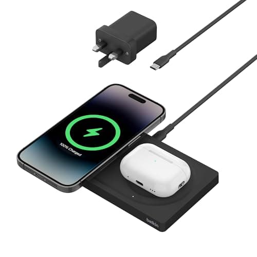 Image of Belkin BoostCharge Pro 2-in-1 MagSafe Charger, Wireless Charging Pad with 15W, iPhone fast charger compatible with iPhone 16, 15, 14, 13, 12 Series, AirPods, and other MagSafe enabled devices - Black
