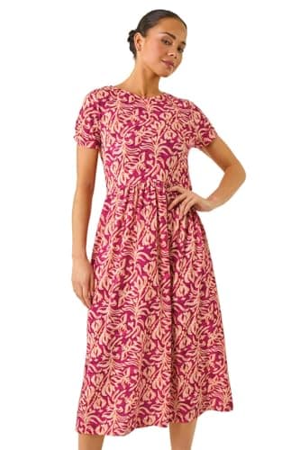 Image of Roman Midi Dress with Pockets for Women UK Ladies Stretchy Jersey Maxi Long Short Sleeve Elasticated Gathered High Waist Boho Flattering Skater Swing Fit Flare - Petite Abstract Orange - Size 14