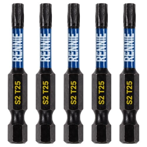 Image of 5 x Rennie Tools 50mm Long T25 TX25 Impact Screwdriver Driver Bits Set. Heavy Duty Magnetic Torx Screwdriver Bit Set. Black Oxide Coated Torx Impact Driver Bits. Torx Bit Set.