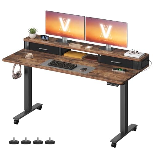Image of VASAGLE Electric Standing Desk with Built-In Power Strip, 140 x 60 x (72-120) cm, Adjustable Height, Monitor Stand, 2 Hooks and Drawers, Memory Function, Rustic Brown LSD184KD03