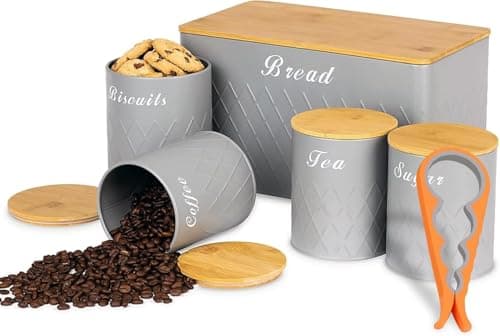 Image of Grey Kitchen Canister Set with Bread Bin – Airtight Storage Tins for Tea Coffee Sugar and Biscuits, Round Jars with Bamboo Lids, Durable Elegant Storage Containers for Stylish Kitchen Organization
