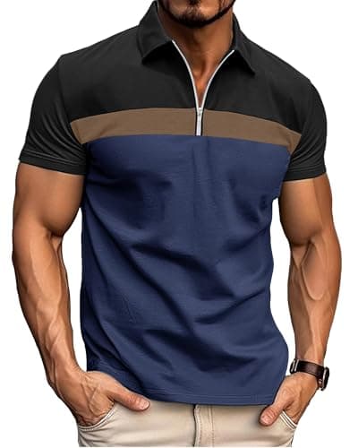 Image of Ryehack Men's 1/4 Zip Polo Shirt Short Sleeve, Raglan & Contrast Design - Casual & Golf T-Shirt, Black+Blue, L