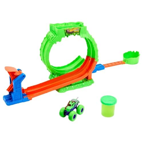 Image of Hot Wheels Monster Trucks Toy Playset, Mutant Chaos, Loop Challenge Track Set with 1:64 Scale Wreckin’ Wolf, 4-Ounce Container of Slime, 2 Ways to Play, JMK91