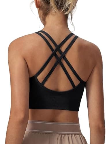Image of Leversic Sports Bra for Women Padded Yoga Bra Mid Impact Sports Bra Strappy Cross Back Crop Top for Fitness Yoga Gym(Black,M)
