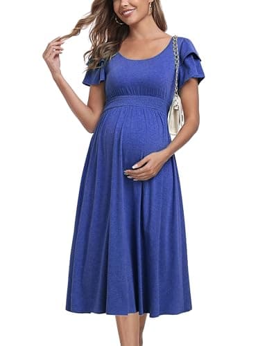 Image of Ruffle Short Sleeve Maternity Dress High Waisted Midi Spring Baby Shower Dresses, Royal Blue, M