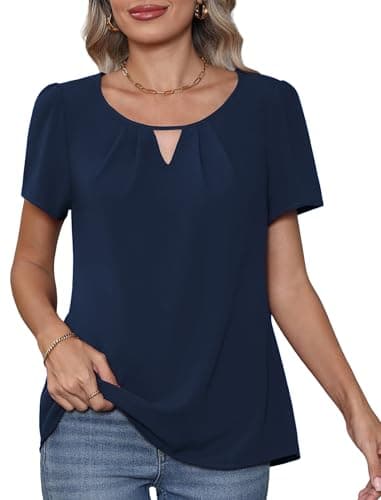 Image of YGJIEGENG Summer Womens Chiffon Blouses, Short Sleeve Pleated Round Neck Casual Elegant Ladies Chiffon Tops Loose Flowy Shirts Blouse Work Shirts Navy Blue XX-Large