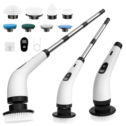 Image of SINZUX Electric Spin Scrubber, Electric Cleaning Brush with 8 Replaceable Brush Heads, Electric Scrubbing Brush with LED Display and Adjustable Extension Handle for Bathroom Kitchen Car