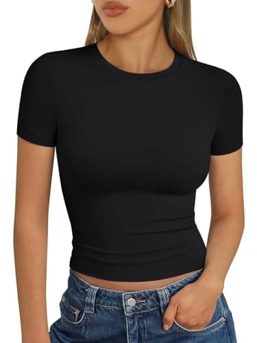 Image of LILLUSORY Crop Tops Short Sleeve T Shirts for Women UK Summer Going Out Basic Slim Fit Tshirts Gym Workout Y2k Capsule Wardrobe Clothes Black S
