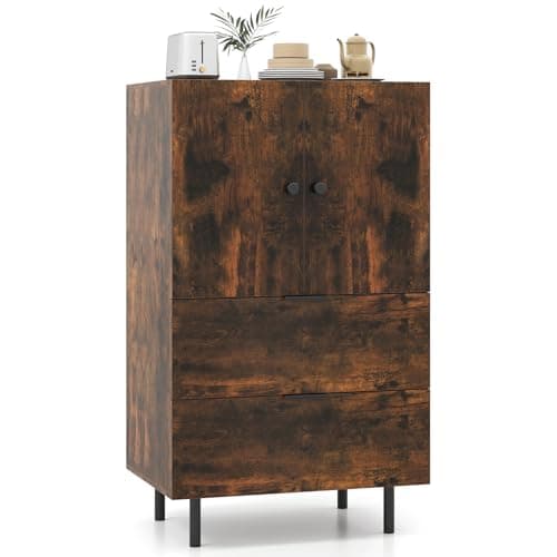 Image of TANGZON Storage Cabinet, 2 Door Buffet Sideboard with 2 Drawers, Metal Legs & Anti-tipping Kits, Freestanding Kitchen Cupboard Organiser for Dining Living Room Hallway (Rustic Brown)