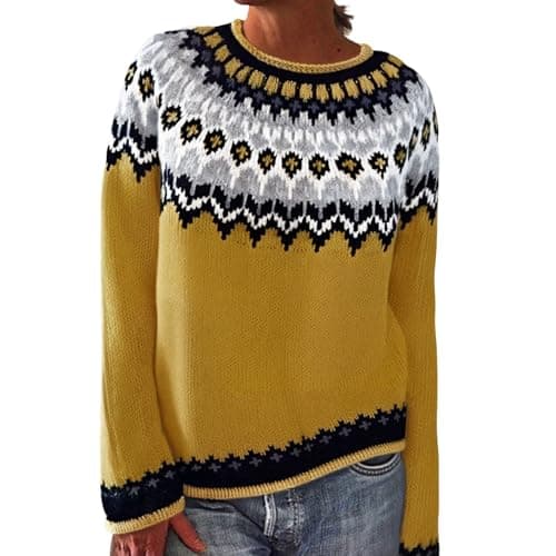 Image of Fairisle Jumper Women Trendy Plus Size Crewneck Knitted Jumpers Nordic Fair Isle Christmas Sweater Baggy Pullover Tops Winter Warm Festive Knitwear,Zc-Yellow,XL