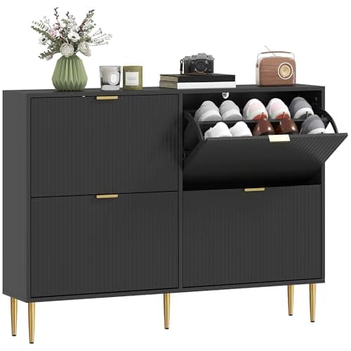 Image of HOMCOM Narrow Shoe Cabinet with 4 Flip Drawers, Modern Slim Shoe Storage Cabinet with Fluted Doors and Adjustable Shelves for Hallway, Holds 10-20 Pairs, Black