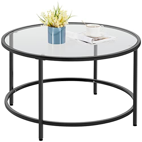 Image of Yaheetech Round Coffee Table with Sturdy Metal Frame, Glass Coffee Table for Living Room, Modern Sofa End Table, Black
