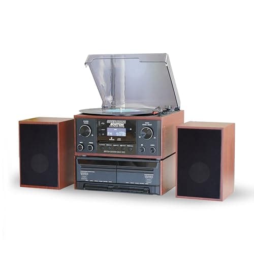 Image of Steepletone BOSTON XP Black 5 in 1 Music Centre, High Power Stereo Speakers Bluetooth Vinyl Record Player, Turntable with CD, Cassette, FM Radio and Aux, USB MP3 playback & Encoding, Remote Control