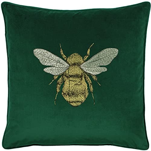 Image of Paoletti Hortus Cushion Cover – Bee Embroidered, Luxurious Velvet Accent, Square Cushion Cover (Green Emerald – 50x50 cm)