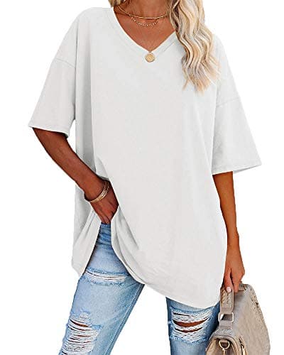 Image of Ebifin Women's Oversized T Shirts Half Sleeve Plain V Neck T Shirt Basic Tees Loose Cotton Tunic Tops.White.XL