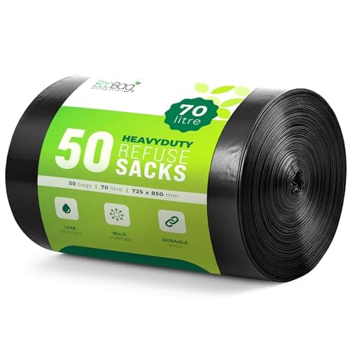 Image of EcoBag - 50 Pack Strong Heavy Duty Refuse Sacks - Recyclable Bin Bags, Leak Resistant, Eco-Friendly, Durable Waste Disposal Bags For Large Kitchen Bins, Pedal Bins, Household, 33 Micron (Μm) /70l