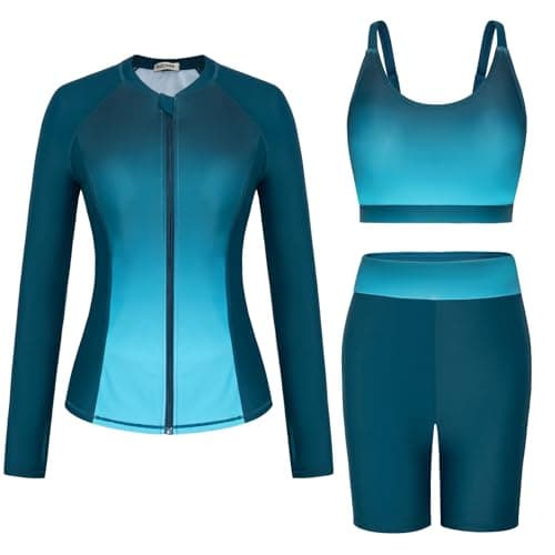 Image of Women Swimming Suits Floral Print Tankini Set Three Piece Set Rashguards for Snorkeling Blue Black M