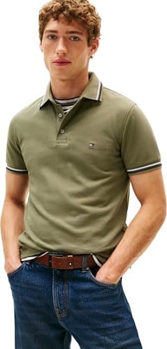 Image of Tommy Hilfiger Men’s Short Sleeve Tipped Seasonal Slim Fit Polo Shirt, Green (Battle Green), M