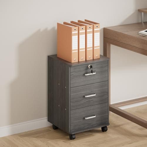 Image of Warmiehomy Filing Cabinet, 3 Drawer Mobile Under Desk Drawers for Home Office, Lockable Small Filing Cabinet Office Storage on Wheels for Letter/A4/Legal, Printer Stand, 40 x 34 x 59 cm, Grey
