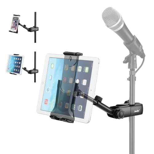 Image of Moukey Adjustable Tablet Holder for Microphone Stands, Mic Stand Clamp Mount Bracket for Smartphones, 90°Flexible Tablet Stand Mmsph-1