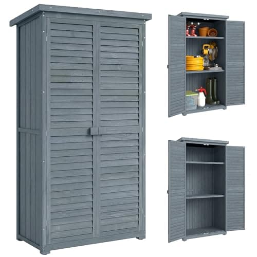 Image of Outsunny Small Shed, Wooden Garden Storage Shed, 3 Shelves Outdoor Tool Shed Cabinet with Asphalt Roof and Shutter Doors, 87cm x 47cm x 160cm, Grey