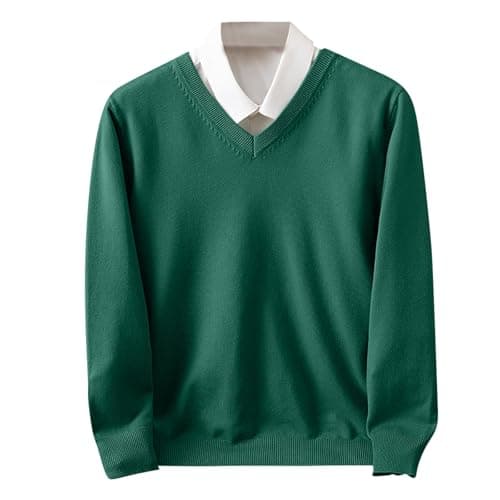 Image of HAOLEI Sweater Men,Mens V Neck Jumpers Pullover Sweater Cable Knit Thermal Jumpers Long Sleeve Textured Sweaters Winter Warm Basic Fisherman Knitted Slim Fit Knitwear Tops Army Green